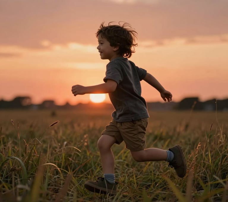 A cinematic shot of a young child running through tall grass, backlit by a warm, terracotta sunset. The composition captures a moment of pure, authentic joy and freedom.