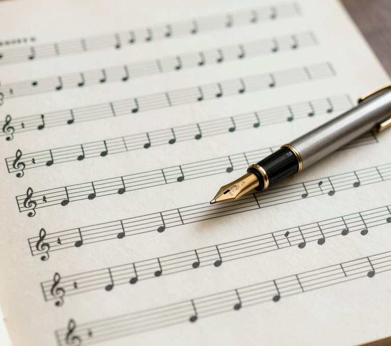 An artistic shot of handwritten sheet music on aged paper, with a vintage pen resting on the side. The color palette uses #E6EBE0 and #91AA9D, evoking a sense of history, personal story, and the beginning of a musical composition.