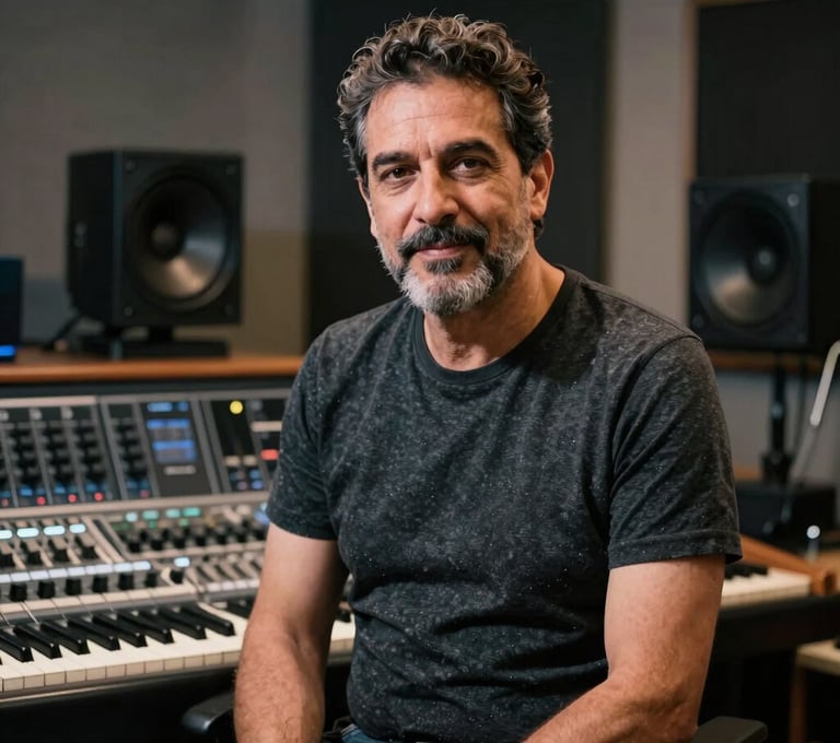 A portrait of an experienced music producer in a modern Spanish / Latin American studio environment, sharp focus, professional lighting with graphite and obsidian black tones.