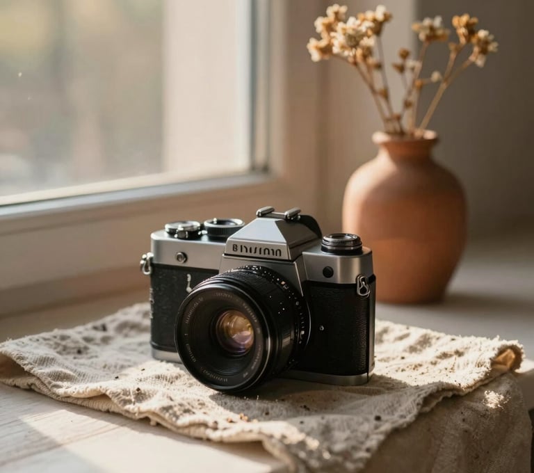 A cinematic shot of a vintage camera sitting on a Soft Sand colored linen cloth next to a small terracotta vase with dried flowers. The scene is bathed in the warm glow of late afternoon sun coming through a window.