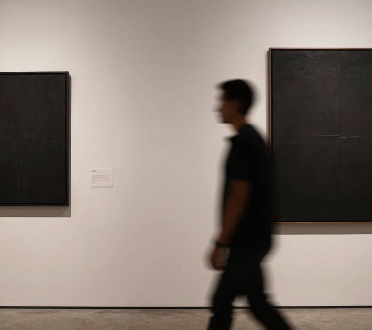 Photography of a blurred human silhouette moving through a minimalist South American / Argentine art gallery. The composition plays with shadows against a soft off-white wall, with accents of deep charcoal black.