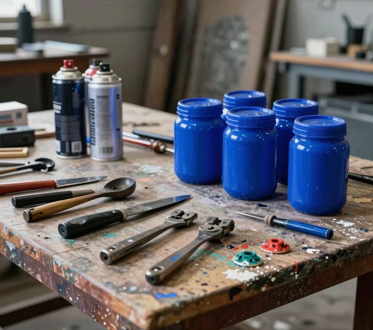 A workshop vibe photograph of an artist's workbench in a International / Urban Art Scene setting. The table is covered in paint-stained tools, spray cans, and vibrant electric blue jars. The background shows the blurred outlines of an industrial loft.