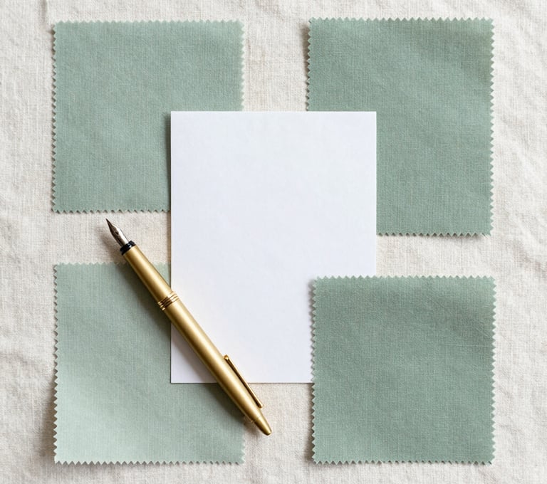 An aesthetic flat-lay photography featuring a mood board with fabric swatches in muted sage green, a soft gold fountain pen, and a minimalist style guide on a soft off-white linen background, North American / Western European setting.