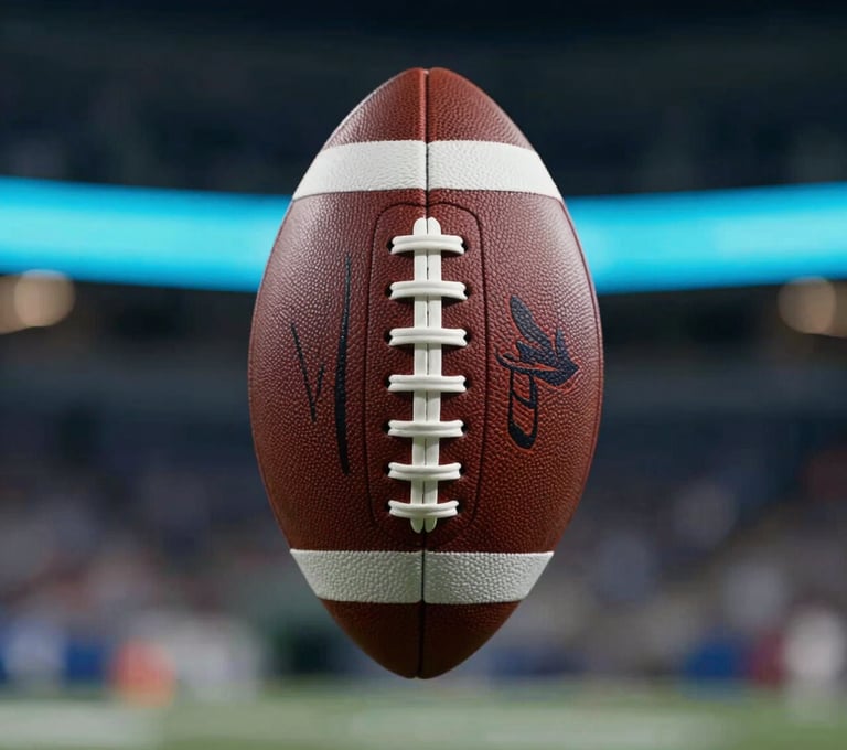An artistic shot of an American football spiraling through the air, perfectly centered. The background is a bokeh-blurred night stadium with electric cyan and slate blue light streaks. Professional sports photography style, high contrast, crisp details on the leather texture.
