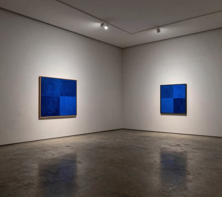 A wide-angle professional photograph of a minimalist gallery space in a South American city. The walls are a neutral light grey, the floor is polished concrete, and a single abstract piece with blue tones is displayed. The mood is silent and sophisticated.