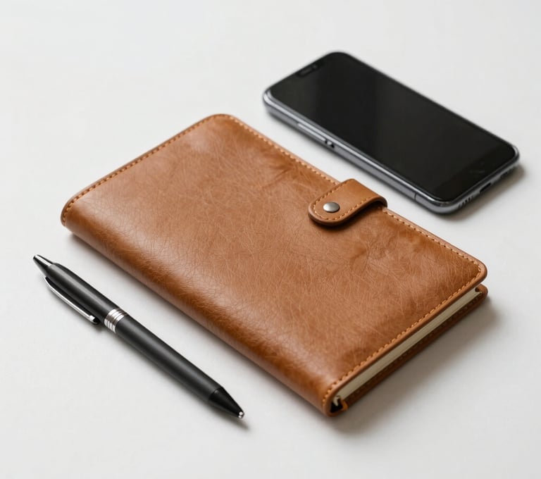 Still life photography of a clean North American workspace featuring a charcoal pen, a tan leather notebook, and a professional smartphone. The composition is minimalist and organized, with soft shadows and professional lighting.