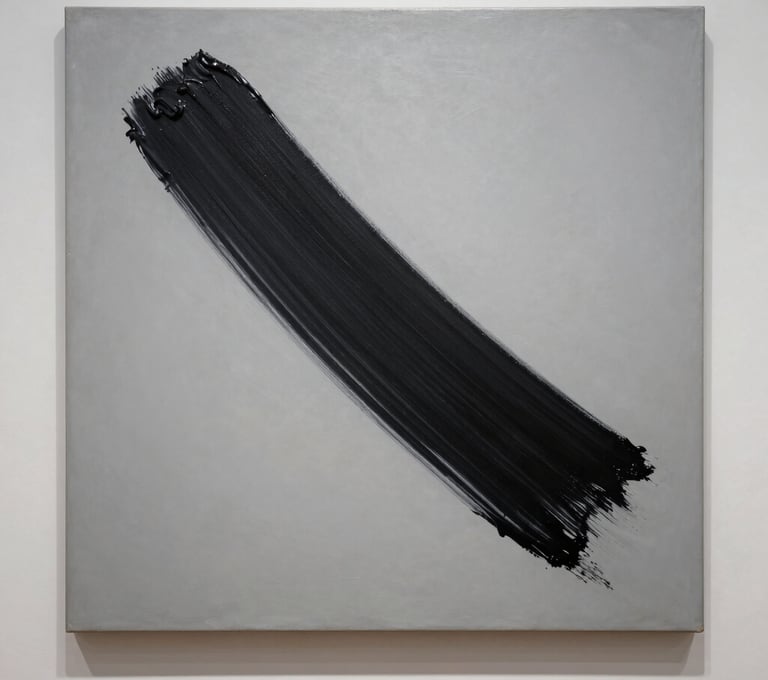 Photography of a minimalist painting with a single bold sweep of black paint across a light grey canvas, displayed with high-end museum lighting.