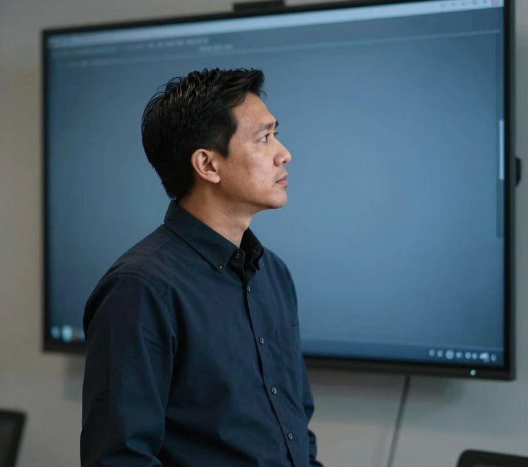 A professional Southeast Asian / Indonesian individual looking thoughtfully at a large screen in a modern office. The lighting is soft and cinematic, with a palette of Dark Navy Blue and Muted Steel Blue, symbolizing expertise.