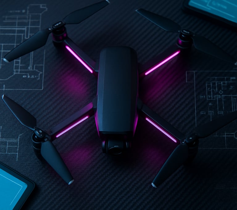 A top-down view of a modern drone with magenta LED strips placed on a dark carbon fiber table, surrounded by technical schematics and glowing cyan tablet screens.