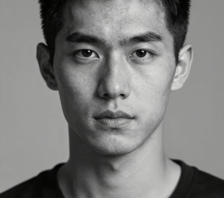 Black and white artistic portrait with high contrast, highlighting strength and confidence. Minimalist background #0D0D0D style, sharp focus on the eyes.