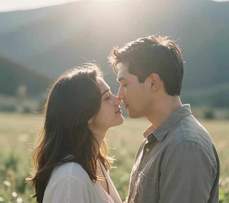 An authentic portrait of a couple whispering and leaning into each other in a North American / US natural setting. The lighting is extremely warm and hazy, with sun-drenched flares filtering through the scene. The overall style is cinematic and soft, focusing on their emotional bond.