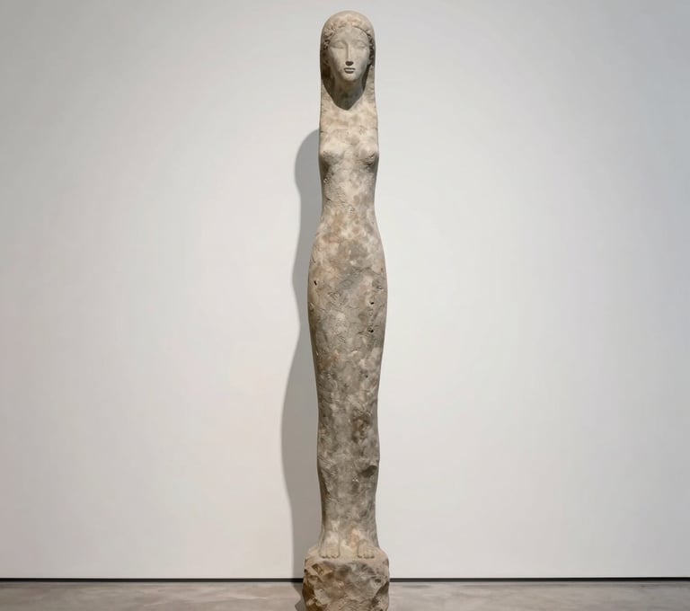 A vertical, full-width photograph of a tall, slender sculpture made of weathered warm-gray stone against an off-white gallery wall. The lighting is crisp and clean, casting a sharp shadow that mimics the sculpture's form. The setting is a minimalist studio in Western Europe.