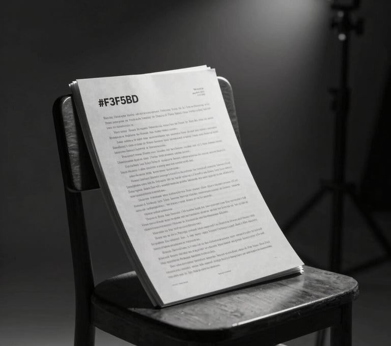 Behind-the-scenes aesthetic shot of a script sitting on a wooden chair under a single spotlight. High dramatic impact, #333333 tones with stark #F5F5F5 light hitting the pages.