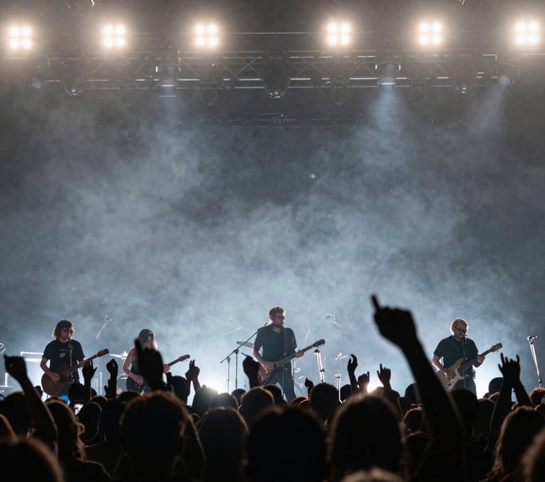 An action shot from a North American concert, showing a crowd silhouette against a dark gray and silver light show. The scene captures a high-energy, professional musical performance vibe.