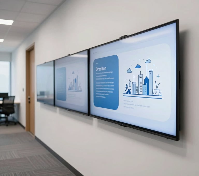 A bright, modern North American / US office corridor where a wall-mounted screen displays a sequence of educational illustrations. The illustrations feature steel blue and soft white palettes.