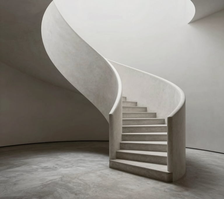An elegant, low-angle shot of a winding Pale Grey staircase inside a minimalist gallery, with soft Charcoal shadows stretching across the floor.