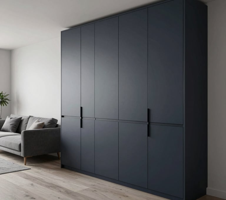 Interior 3D visualization showing the transition between a living area and a custom cabinetry unit. The style is minimalist with a palette of dark navy and light grey. Northern European / Baltic urban apartment atmosphere.