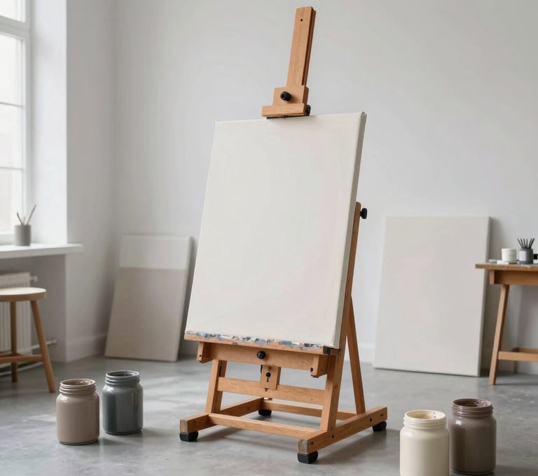 A wide shot of a bright, contemporary North American art studio. A large canvas is perched on a wooden easel, surrounded by jars of grey-taupe and cream pigments. The space is uncluttered and elegant.