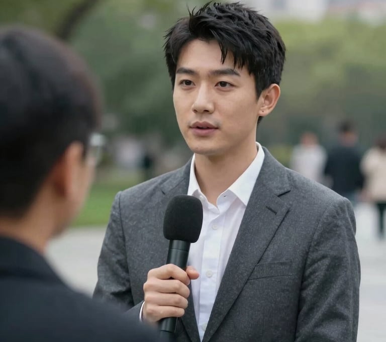 A candid portrait of a source being interviewed in a city park, showing only the back of the journalist holding a microphone. Professional documentary style, soft bokeh background, conveying thoughtful inquiry. Touches of #607D8B.