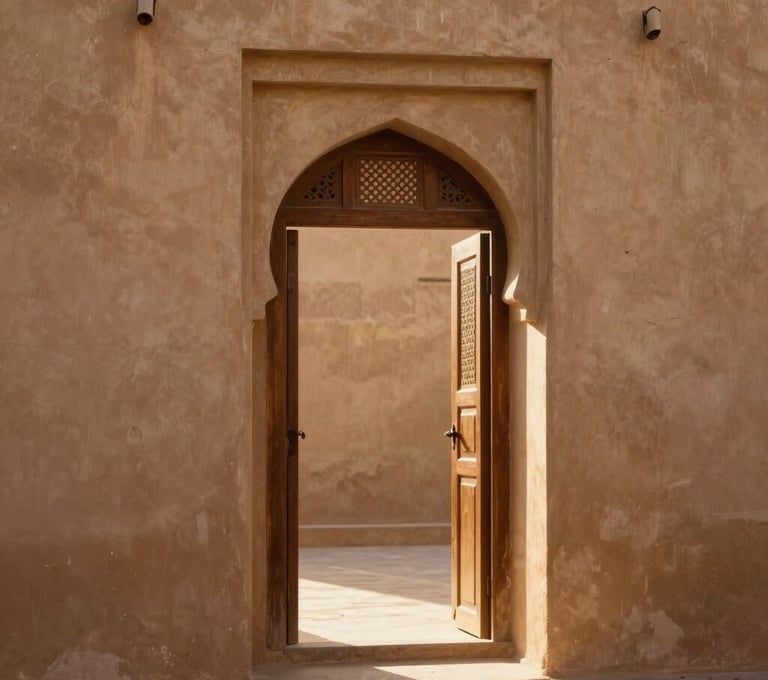 An artistic shot of a traditional Middle Eastern / Gulf doorway with soft golden sunlight streaming through, casting warm shadows. The environment is warm and cinematic, featuring a palette of soft tan and burnt terracotta.