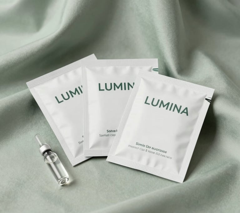 A studio product photograph of a collection of Lumina sample sachets and small glass vials. They are arranged artfully on a Soft Sage silk fabric, showcasing the studio's mockup services. A professional North American / US aesthetic with clean, bright lighting.