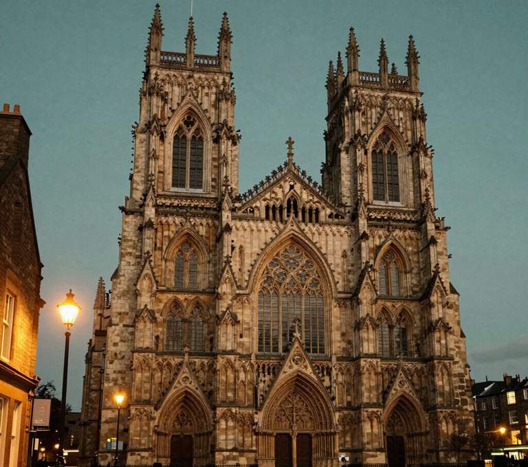 The exterior of York Minster at dusk. The Gothic architecture is illuminated by warm street lamps against a dark moss green evening sky. Northern European / British / Yorkshire city setting.