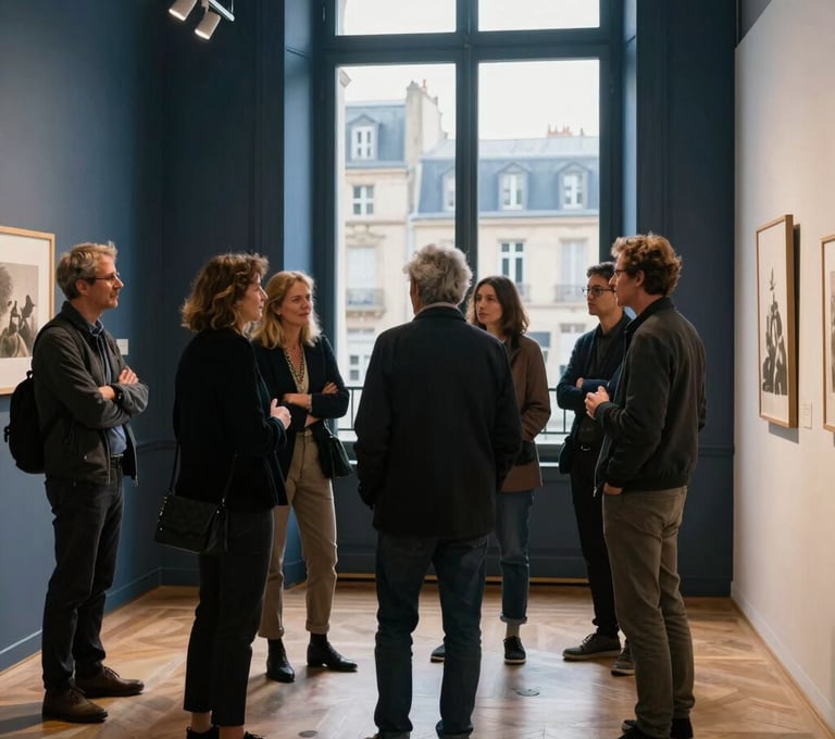 A group of art professionals and enthusiasts engaged in a lively discussion at a gallery opening in a European / French cultural district. They are standing near a large window with city views. The interior features dark slate blue details and warm ambient lighting.