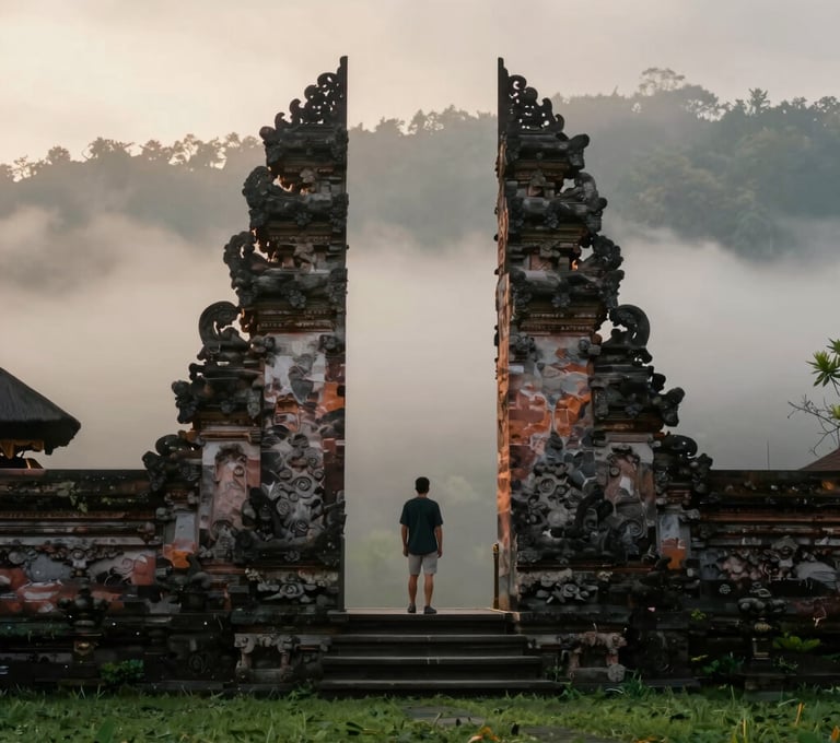 A wide, cinematic shot of a lone traveler standing before a misty Balinese water temple at dawn, serene and spiritual, dominated by deep greens #2A362B and the soft light of #F7F3EE.