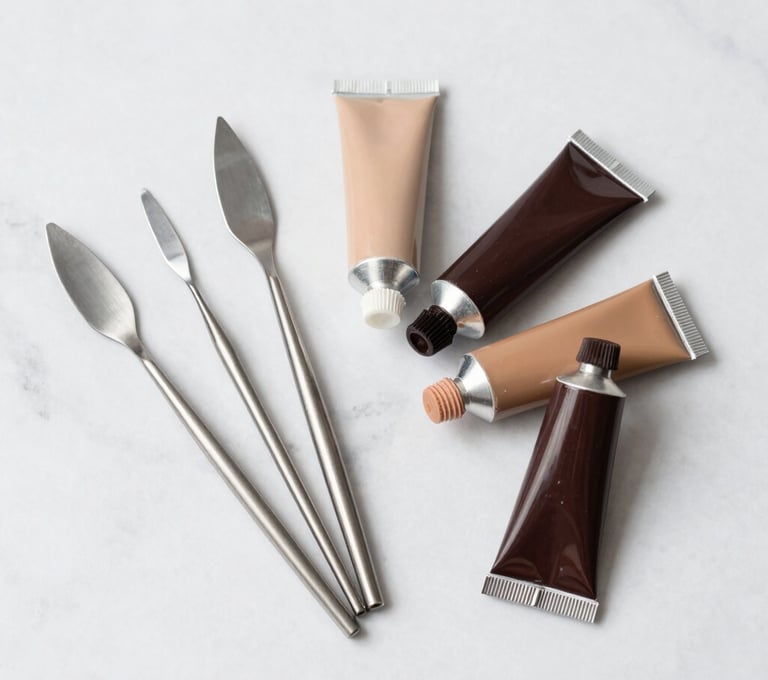 A minimalist arrangement of art tools including several stainless steel palette knives and tubes of acrylic paint in soft tan and dark brown on a white marble surface. North American / Western minimalist aesthetic.
