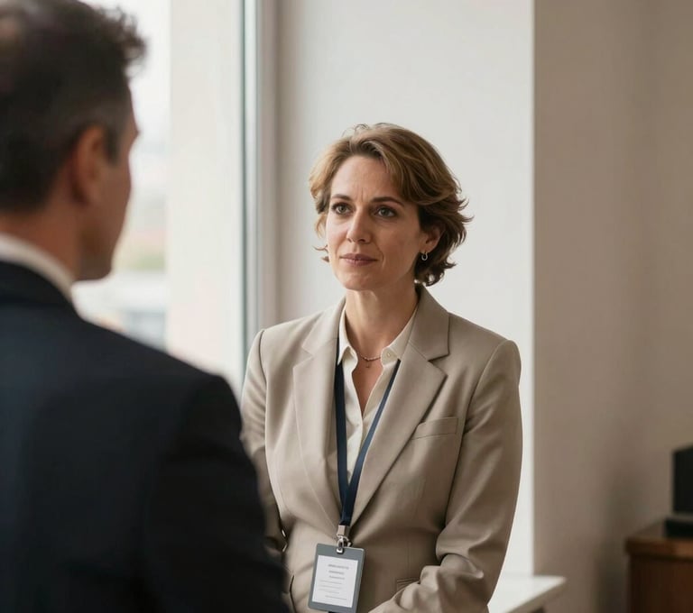 Candid shot of two people in conversation at a corporate event. Natural light from a large window. Soft off-white and warm taupe tones dominate the scene. Professional and sensitive portrayal.