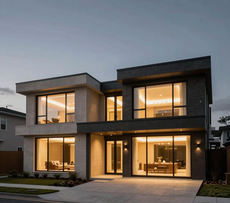 Wide cinematic shot of a modern architectural home in a North American / US city at dusk, dark slate grey sky, warm gold interior lights glowing through expansive windows, sleek and premium aesthetic.