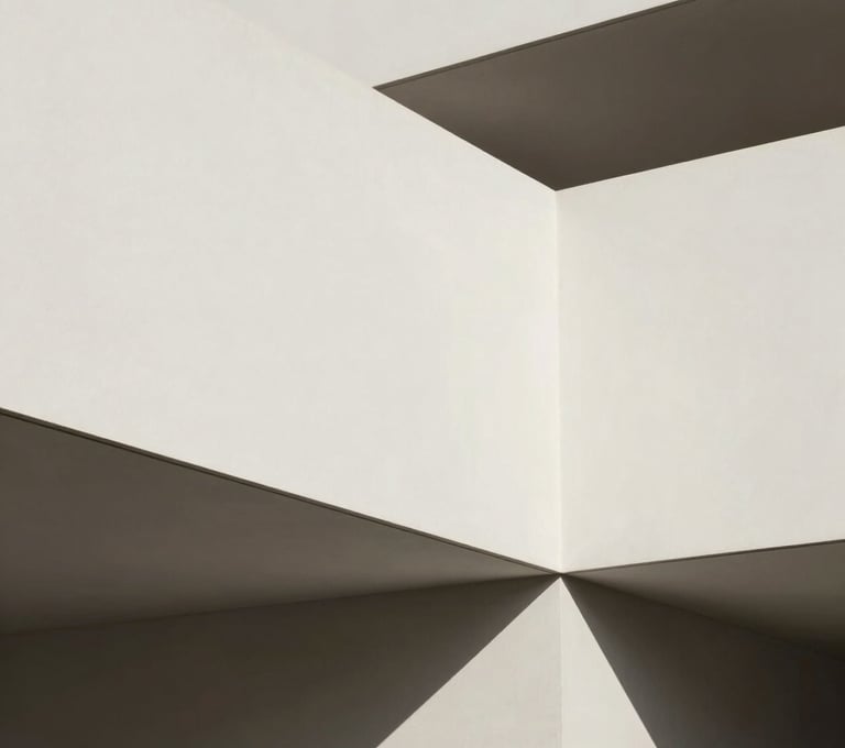 An abstract, minimalist architectural detail of a modern Spanish gallery with off-white walls and sharp charcoal gray shadows. Clean geometric composition, elegant and sophisticated feel.