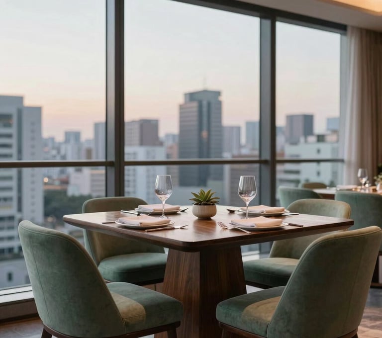 A sophisticated dining area in a Brazilian high-rise, featuring a dark wood table, sage green upholstered chairs, and a floor-to-ceiling window showing a soft-focus urban skyline at dusk.