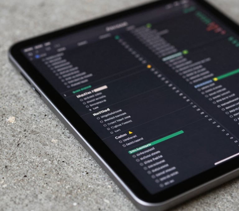 Close-up of a tablet displaying complex data, resting on a rough concrete surface. Contrast between tech and raw materials. Colors: #1A1A1A and #F5F5DC.