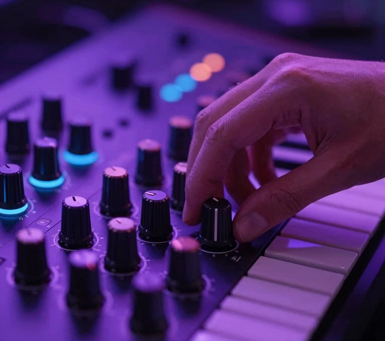 Vertical high-angle shot of a hand adjusting a knob on a synthesizer, vibrant purple lighting reflecting on the gear, modern electronic music production style, #7A7CF1 neon highlights.