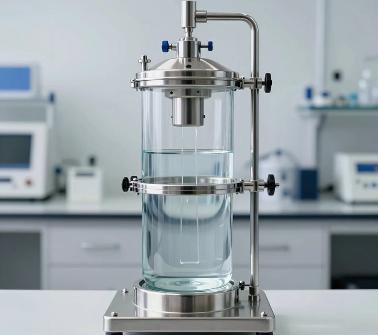 A crisp, detailed photograph of a clean water filtration prototype made of stainless steel and glass. The device is showcased in a high-tech Indonesian laboratory with soft, clean lighting and a minimalist background of white and slate grey tones, representing innovation in technology konstruksi air.