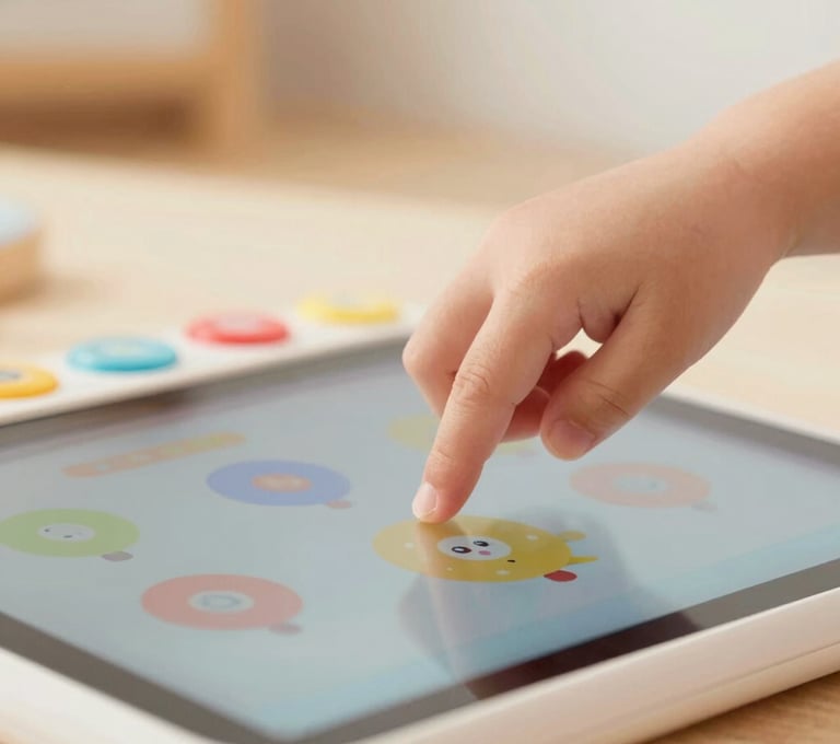A close-up of a child's hand moving a physical toy over a tablet screen, showing the interaction between the two mediums. Warm, expressive lighting with a pastel color palette.