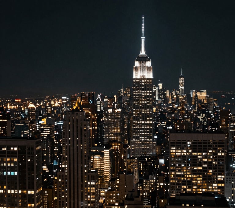 A cinematic night view of a North American city skyline, with skyscrapers glowing against a deep charcoal sky. High-contrast photography with a modern and professional aesthetic.