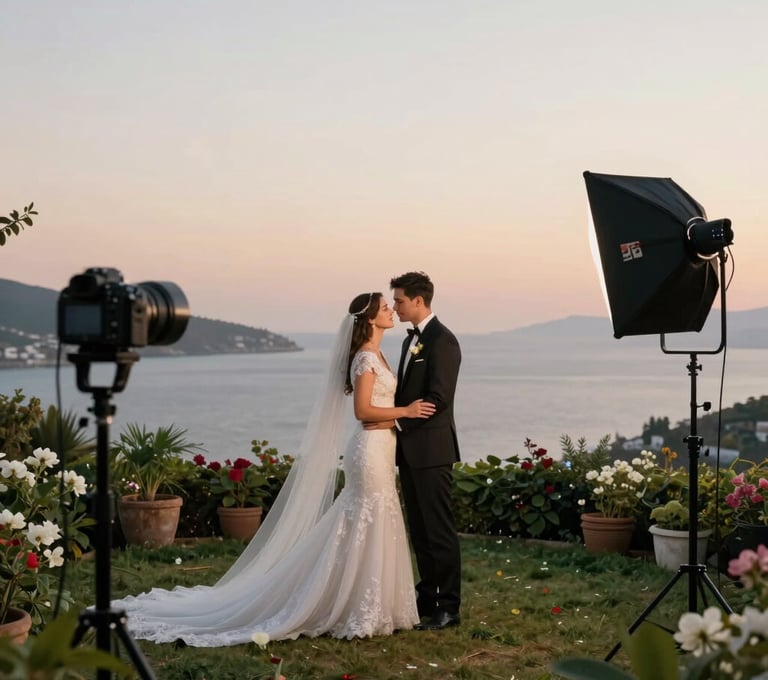 A wedding couple in elegant attire sharing a moment during a video shoot in a coastal Bodrum garden, Middle Eastern / Turkish setting, sunset lighting, romantic and airy atmosphere, professional lighting, minimal composition.