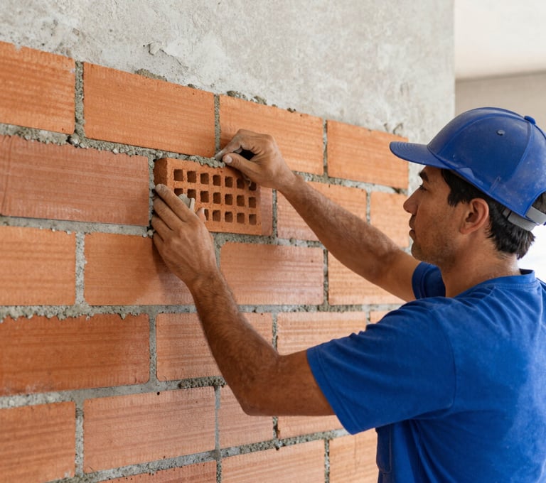 Albañil detallando una pared de ladrillo con mortero, luz natural interior, acabados limpios, enfoque nítido