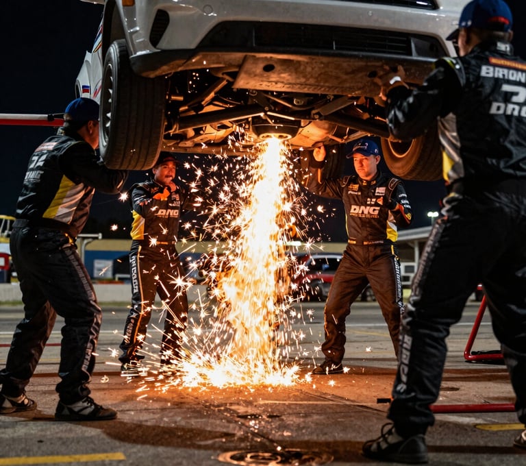 A dynamic shot of a pit crew in North American / US racing gear during a nighttime pit stop, sparks flying from the car underbody, captured with high-speed photography to freeze the frantic motion and dramatic light.