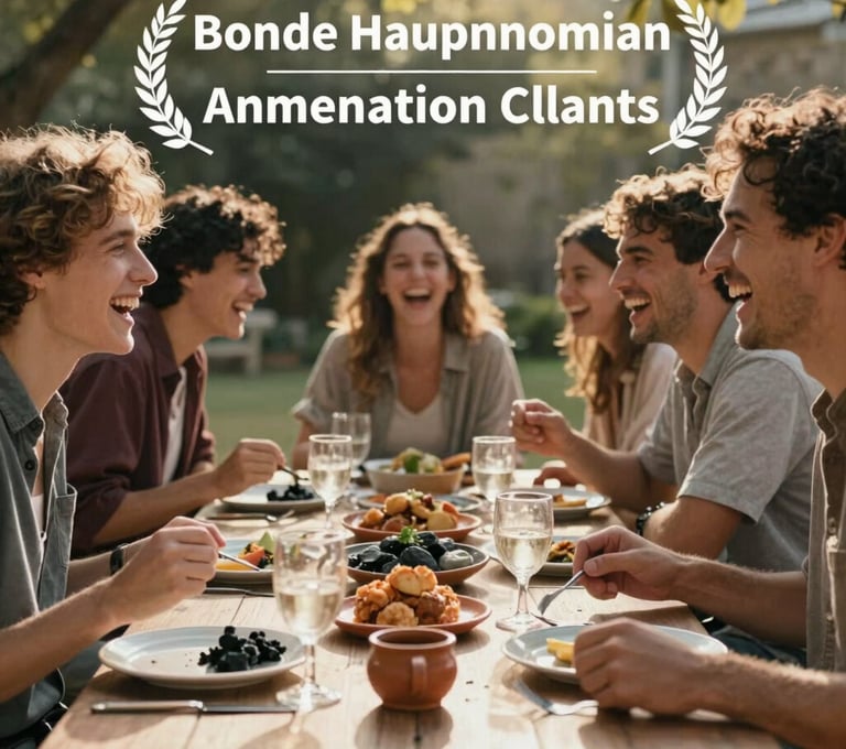 A group of friends sharing a meal outdoors, laughing heartily. The composition is candid and cinematic, with warm sunbeams filtering through leaves. The table setting includes subtle charcoal and terracotta accents.