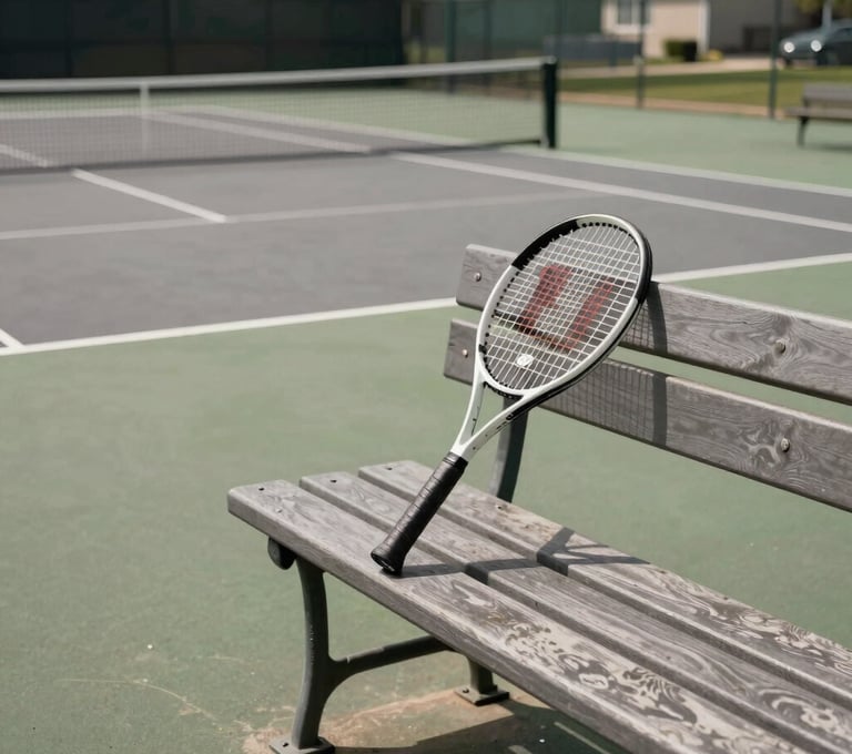 A bright photography shot of a tennis court in a North American suburban park, with a professional tennis racket resting on a bench, clean composition, crisp sunlight, incorporating stone grey and charcoal brown colors.