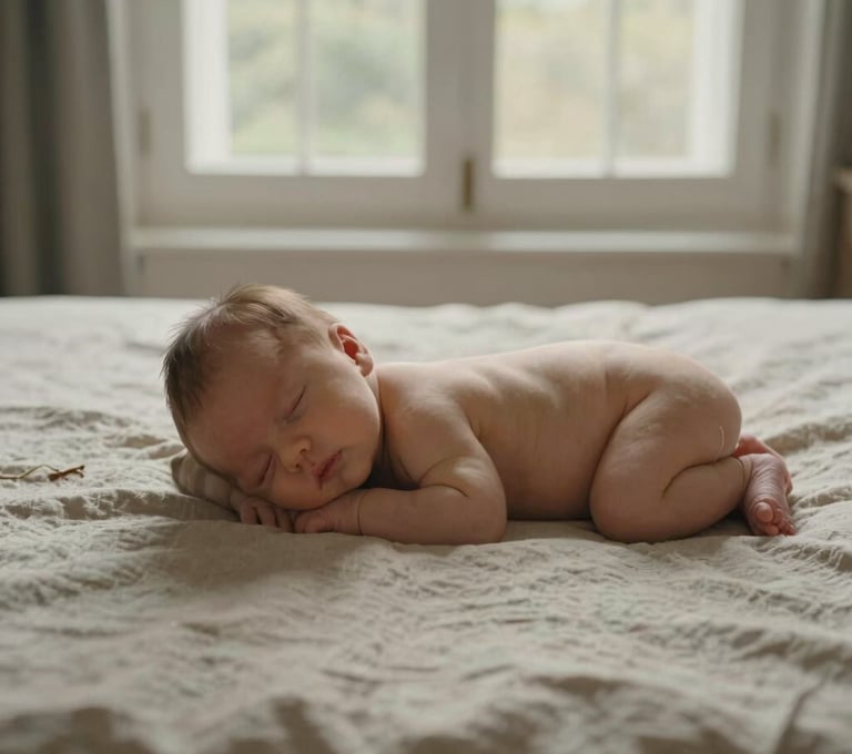 Lifestyle photography of a newborn baby sleeping peacefully on a linen sheet of muted sand color. Soft, natural morning light coming from a window in a French home. Minimalist and cinematic composition.