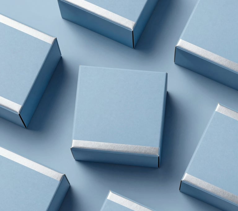 A top-down flat lay of minimalist spirits packaging prototypes. The boxes are made from sustainable matte paper in #ECF0F1 with subtle silver foiling. The composition is balanced and architectural, emphasizing a clean, cutting-edge design aesthetic.