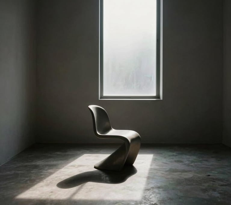 Minimalist interior with a single sculptural chair in a room of dusty steel shadows and a sliver of arctic mist light from a tall window.