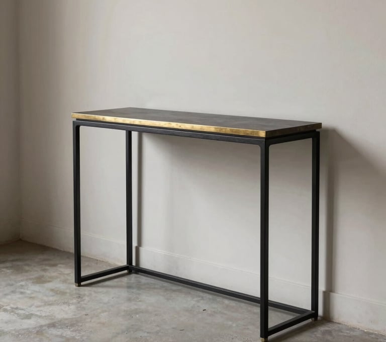 An elegant, slim-profile console table made of blackened steel with a polished brass inlay. The table is placed in a minimalist hallway with soft off-white walls and concrete flooring.