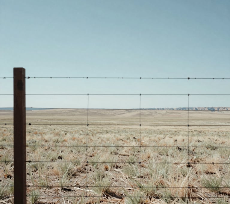 A ground-level photograph looking through a wire fence post toward a wide horizon in Northeast Nevada. The focus is sharp on the horizon line, conveying the sense of boundary and ownership. The sky is a pale, clear blue, and the land is a mixture of parchment and sage colors. North American / US - Northeast Nevada.