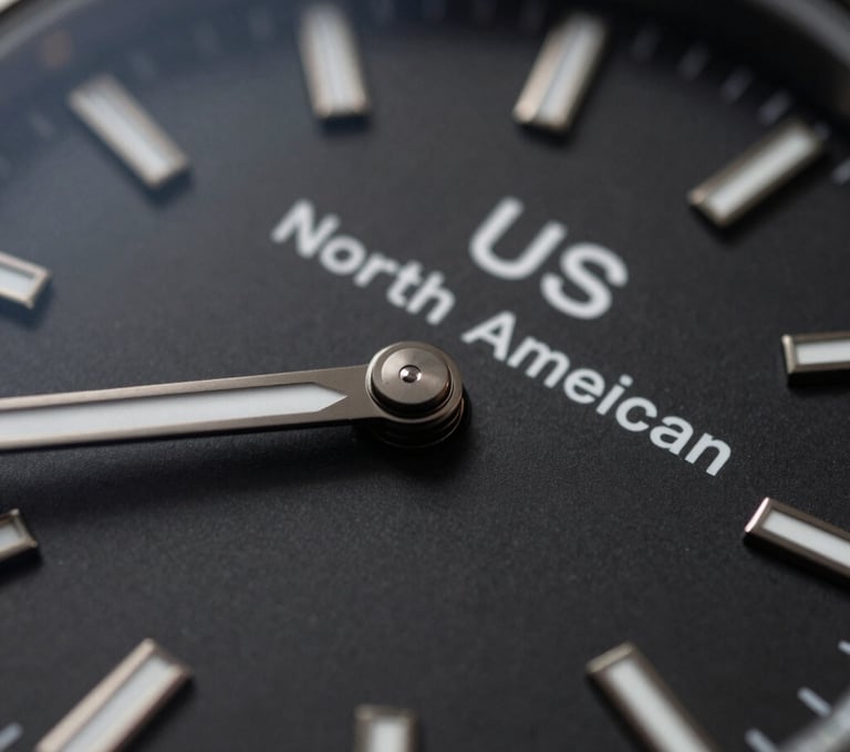 Macro photography of a high-end designer watch face with a matte black finish, clean typography on the dial, North American / US luxury lifestyle aesthetic, dramatic chiaroscuro lighting.