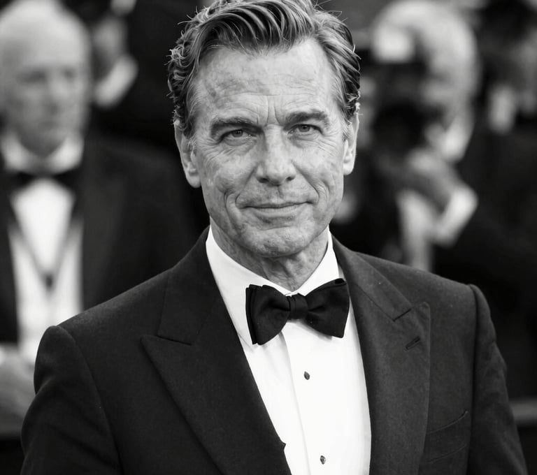 Black and white artistic photograph of Frank Artus on a red carpet, exuding authority and charisma. The image has a grainy, film-like quality with sharp contrast, fitting the brand's sophisticated professionalism.